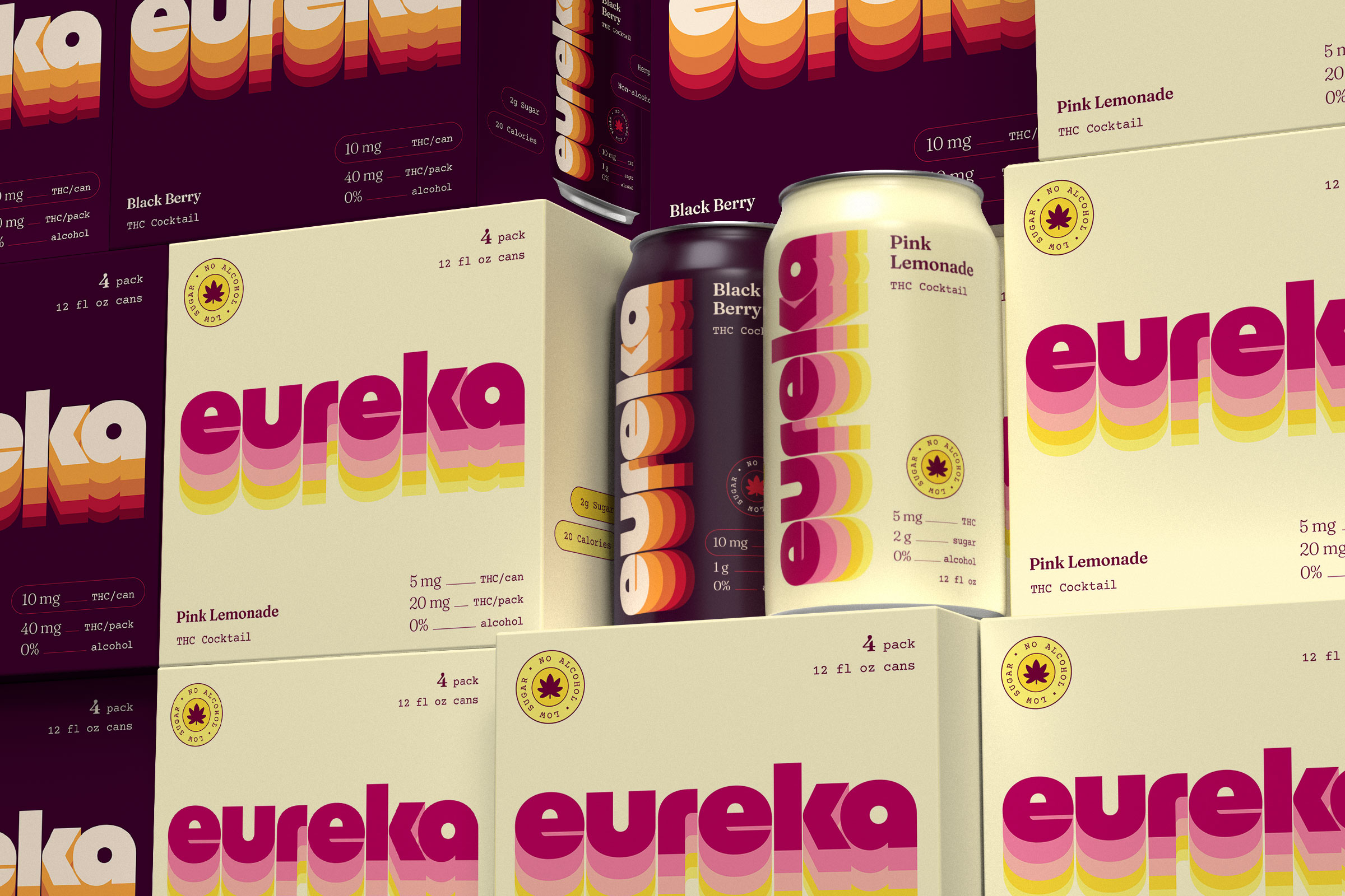 Can and box mockups of eureka's blackberry and pink lemonade flavors.  Shows a wall of ans and boxes stacked together.