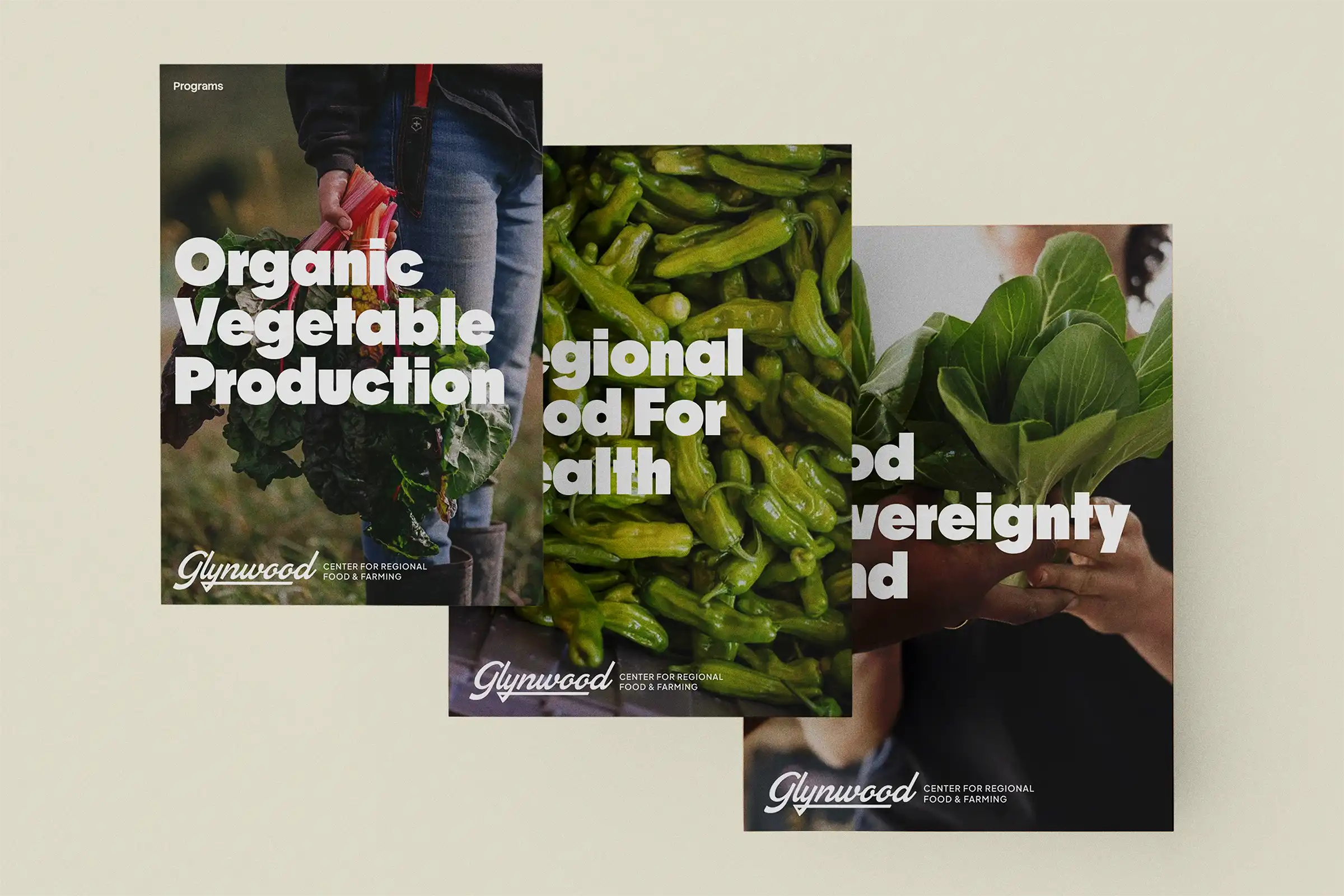 Poster designs for the different programs at Glynwood. Posters feature farm photos with big expressive headlines for the different programs: Organic Vegetable Production, Regional Food for Health, Food Sovereignty Fund.