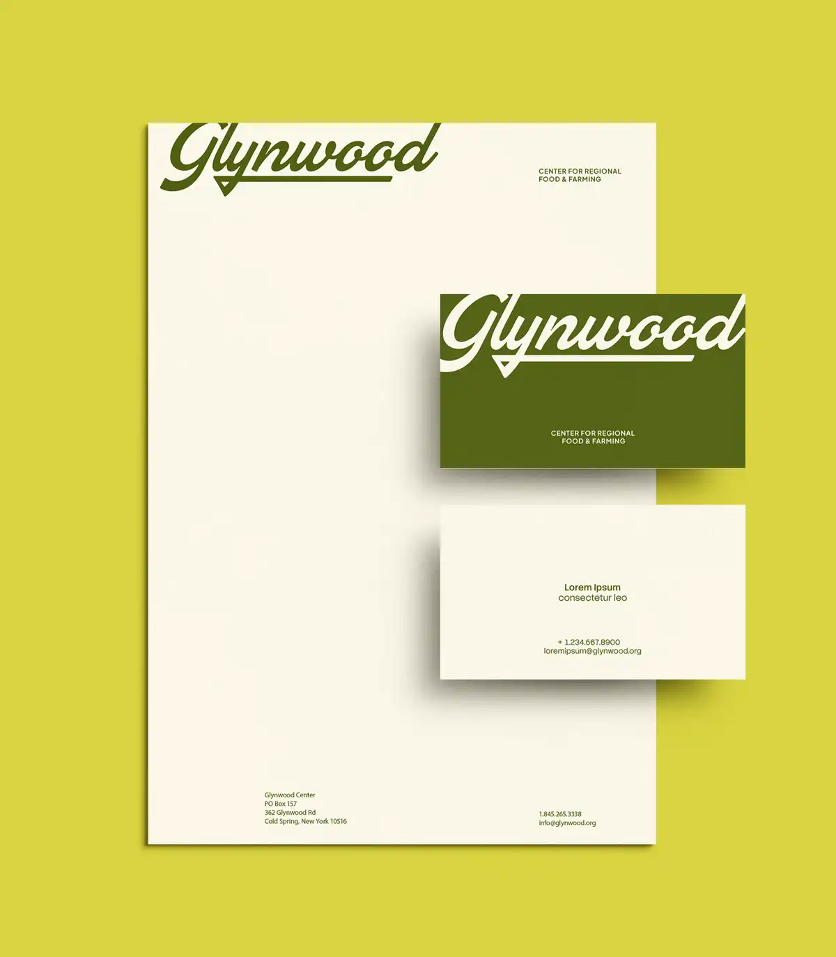Letterhead design for Glynwood, showing business cards and stationary designs.