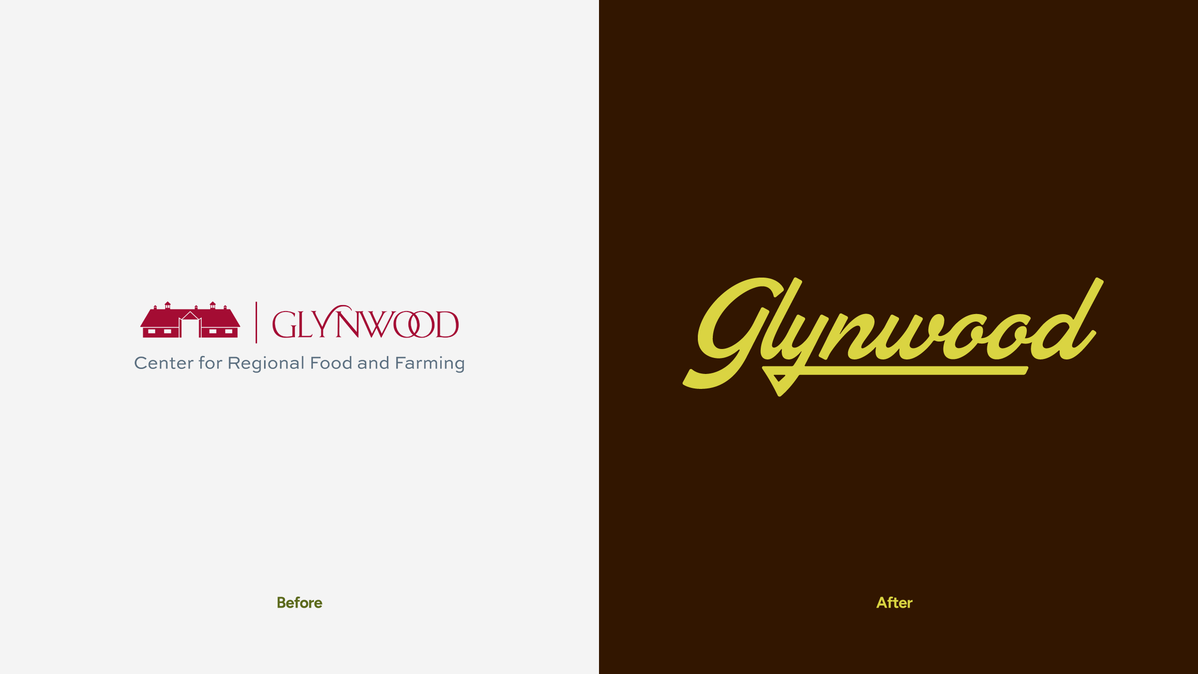 Glynwood Logo, then and now. Red traditional serif font with a barn icon next to the re-branded version which is a green hand lettered script font. We re-imagined the Glynwood logo by looking to the past. When Glynwood was a dairy farm they had a hand lettered script logo which we used for inspiration.