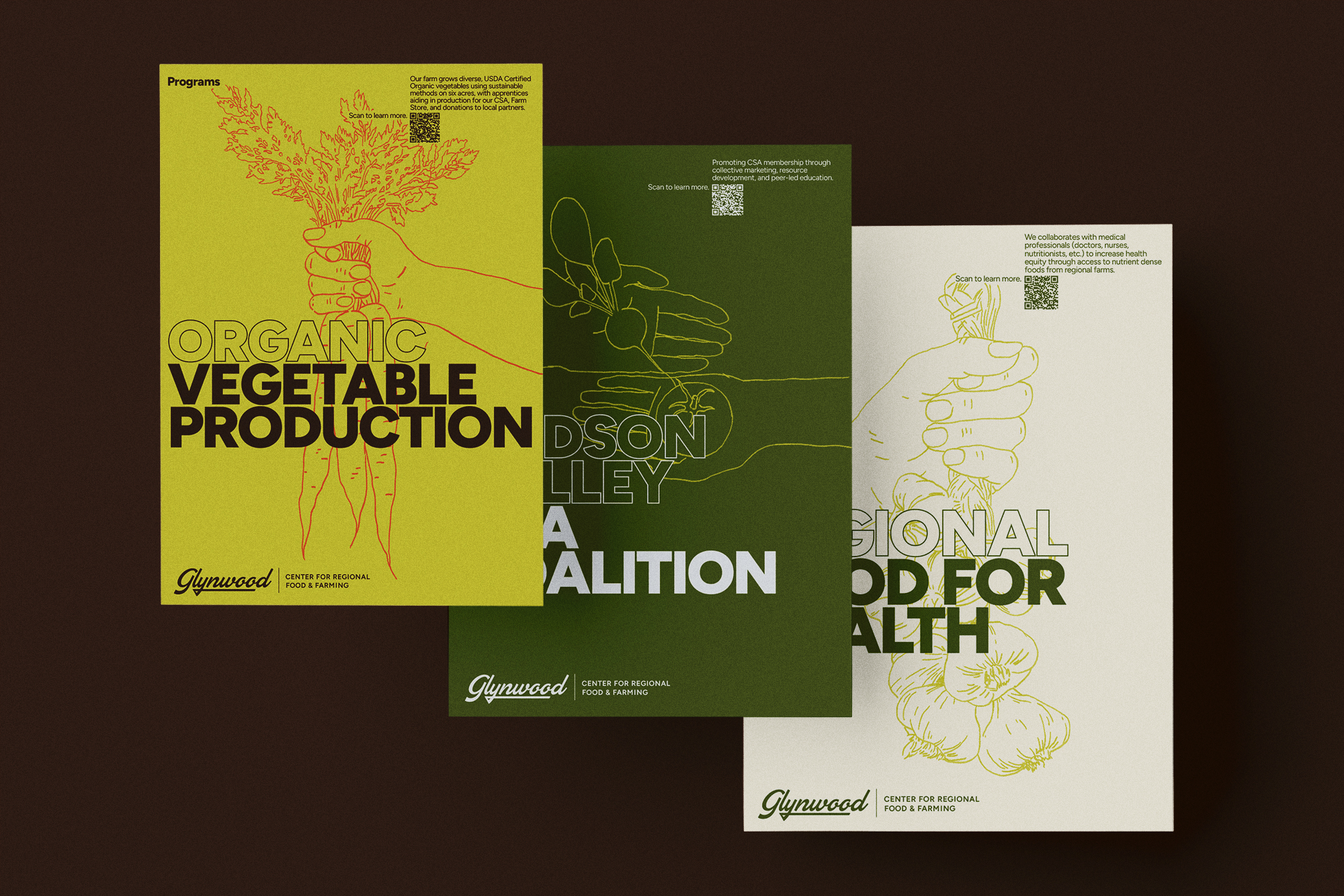 Poster designs for the different programs at Glynwood. Posters feature farm photos with big expressive headlines for the different programs: Organic Vegetable Production, Regional Food for Health, Hudson Valley CSA Coalition.