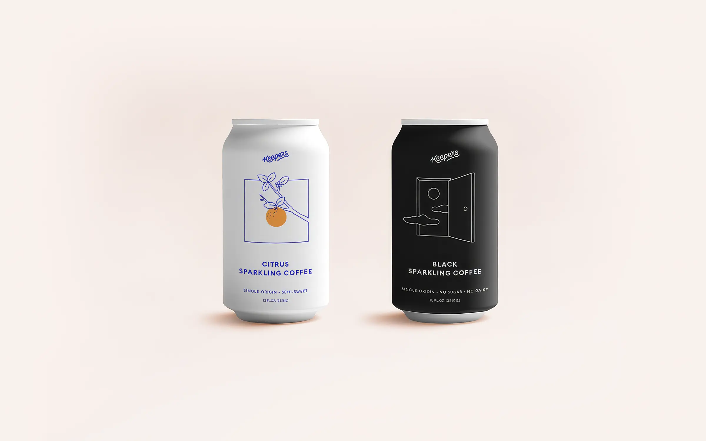 Citrus became a crisp white can with an illustrated orange set in a royal-blue square. Keepers Black arrived in matte black with a drawing of a door opening onto clouds and sun, a quiet visual pun on the name itself: opening something worth keeping.