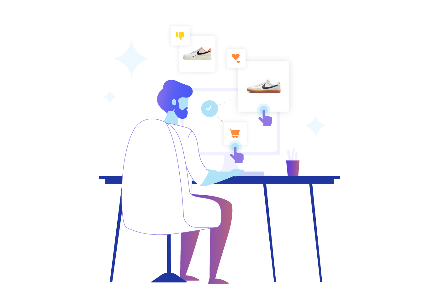 Illustration of a guy at a desk with a cup of coffee with screens popping up in front of him. It illustrates how an AI recommendation engine works in a visual way by connecting different thoughts and processes in real time.