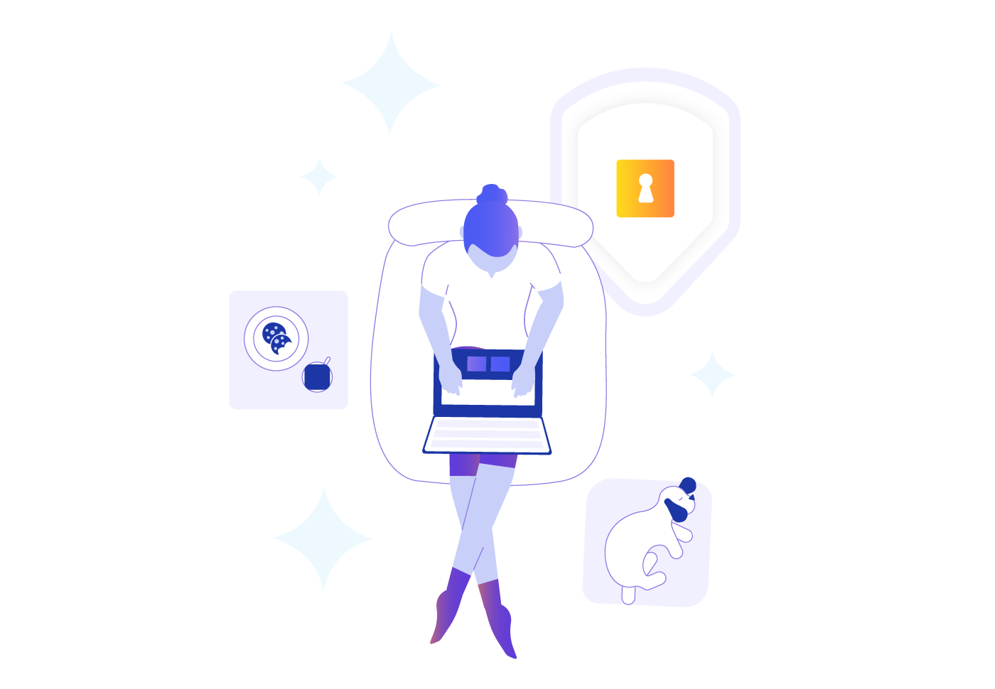 Illustration of a girl on a laptop. Bird's eye view looking down to see her from above, she's in her room you can see some snacks half eaten and her dog sleeping on a pad next to her. This intimate illustration is meant to show the need for privacy in an AI recommendation engine.