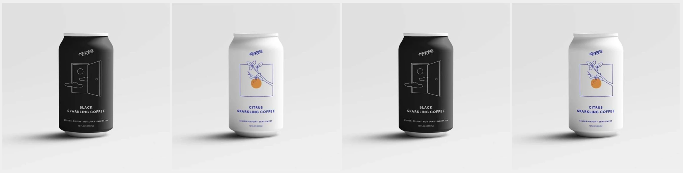 Packaging design for Brooklyn based CPG drink company Keepers.  Shows four cans, two of Keepers black, and two of Keepers citrus.