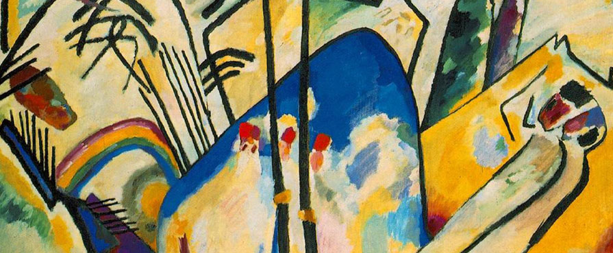 Kandinsky Composition IV - a blue mountain in a surreal landscape of yellow. Black lines streak across the canvas in groups. A rainbow childishly spans two movements.