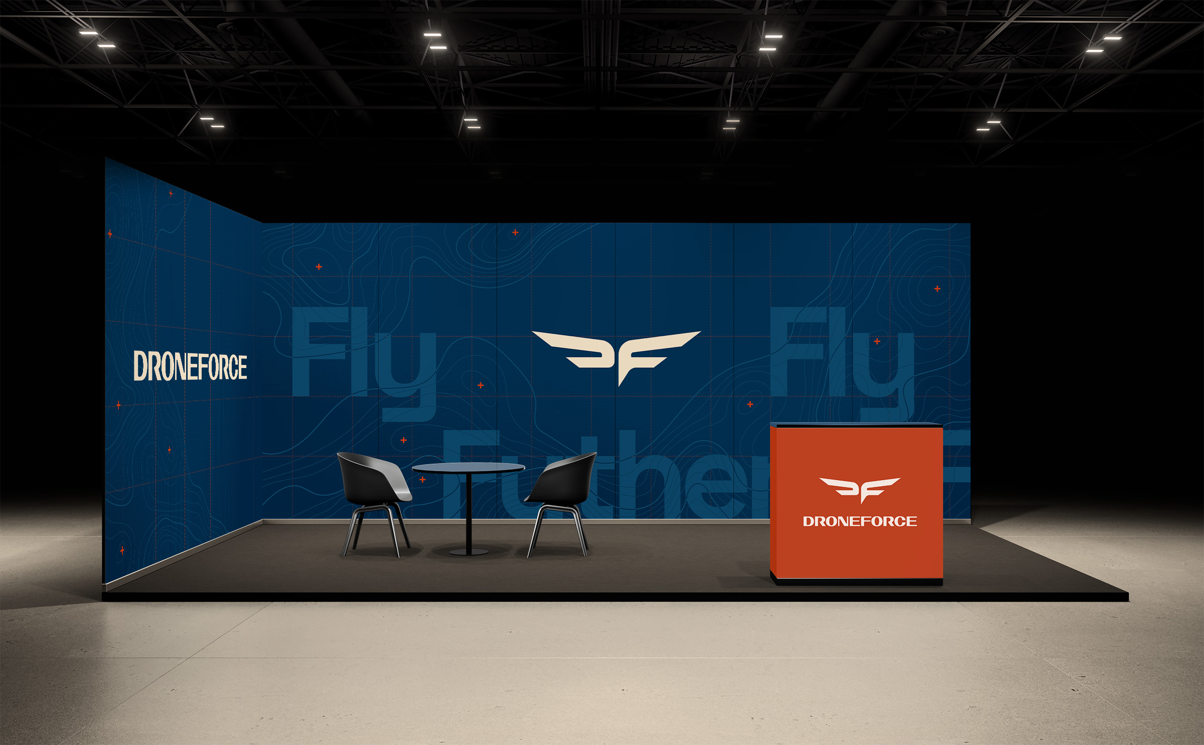 Exhibition booth design for DroneForce, showing off the branding.