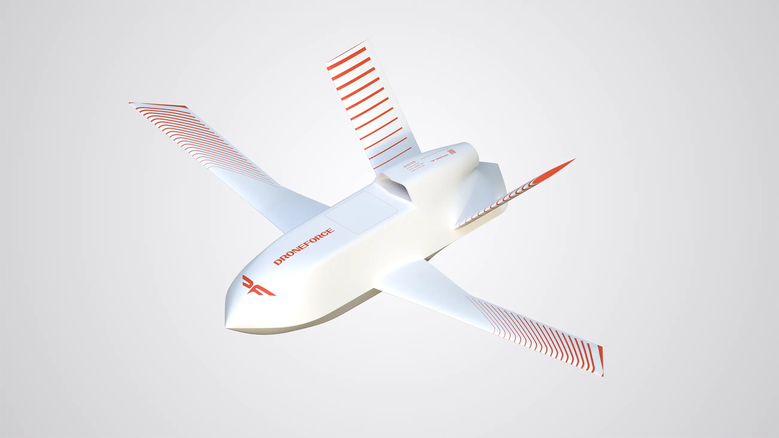 white livery with red repeated stripe pattern on wings with red wingtips. DroneForce logotype and 'dragonfly' icon also displayed on the drone.