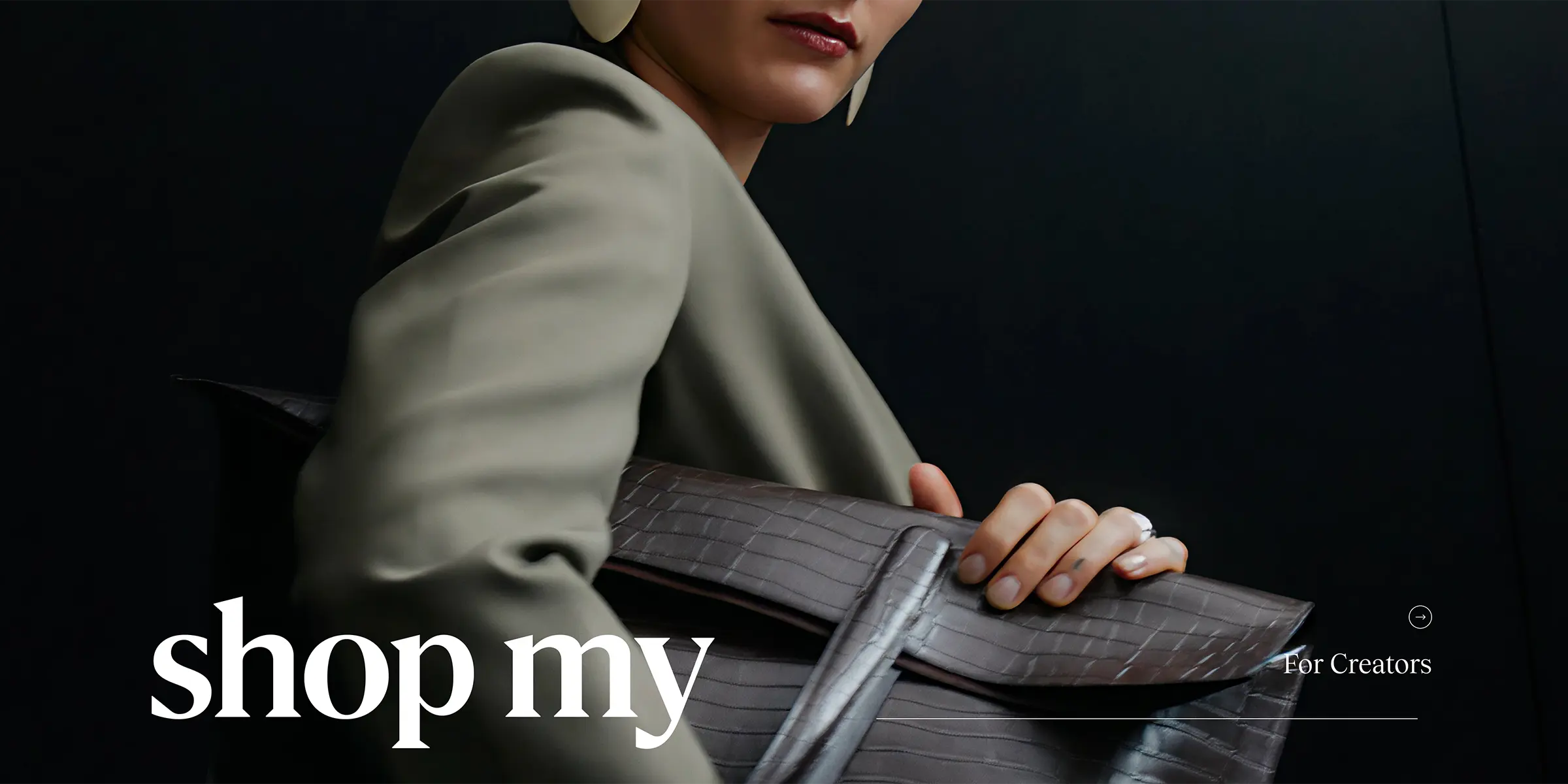 Branding for ShopMy by condensed, shows a profesional looking sharply dressed woman clutching a leather bag, cropped tightly so you can't see her eyes.