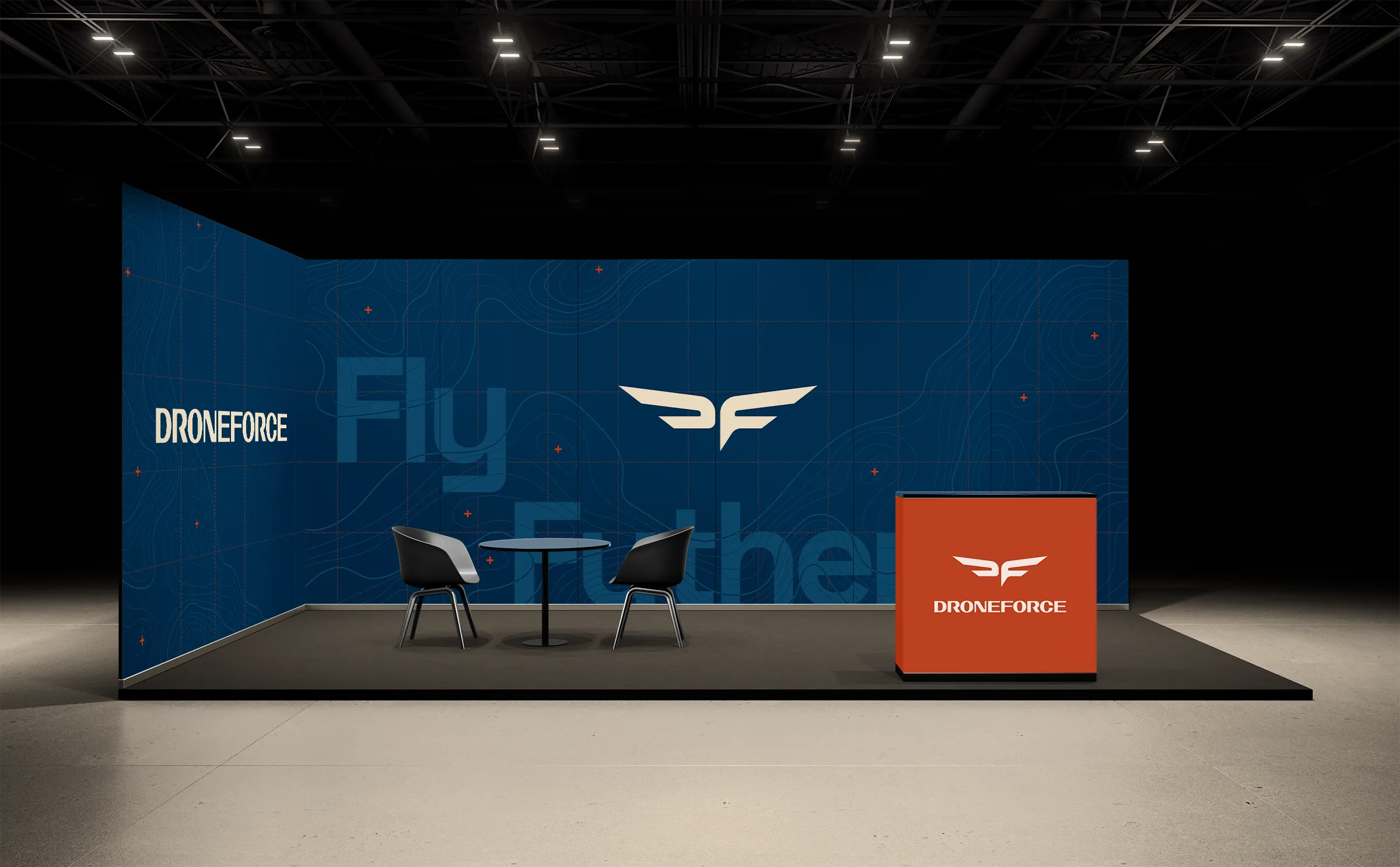 Exhibition booth design for DroneForce, showing off the branding.