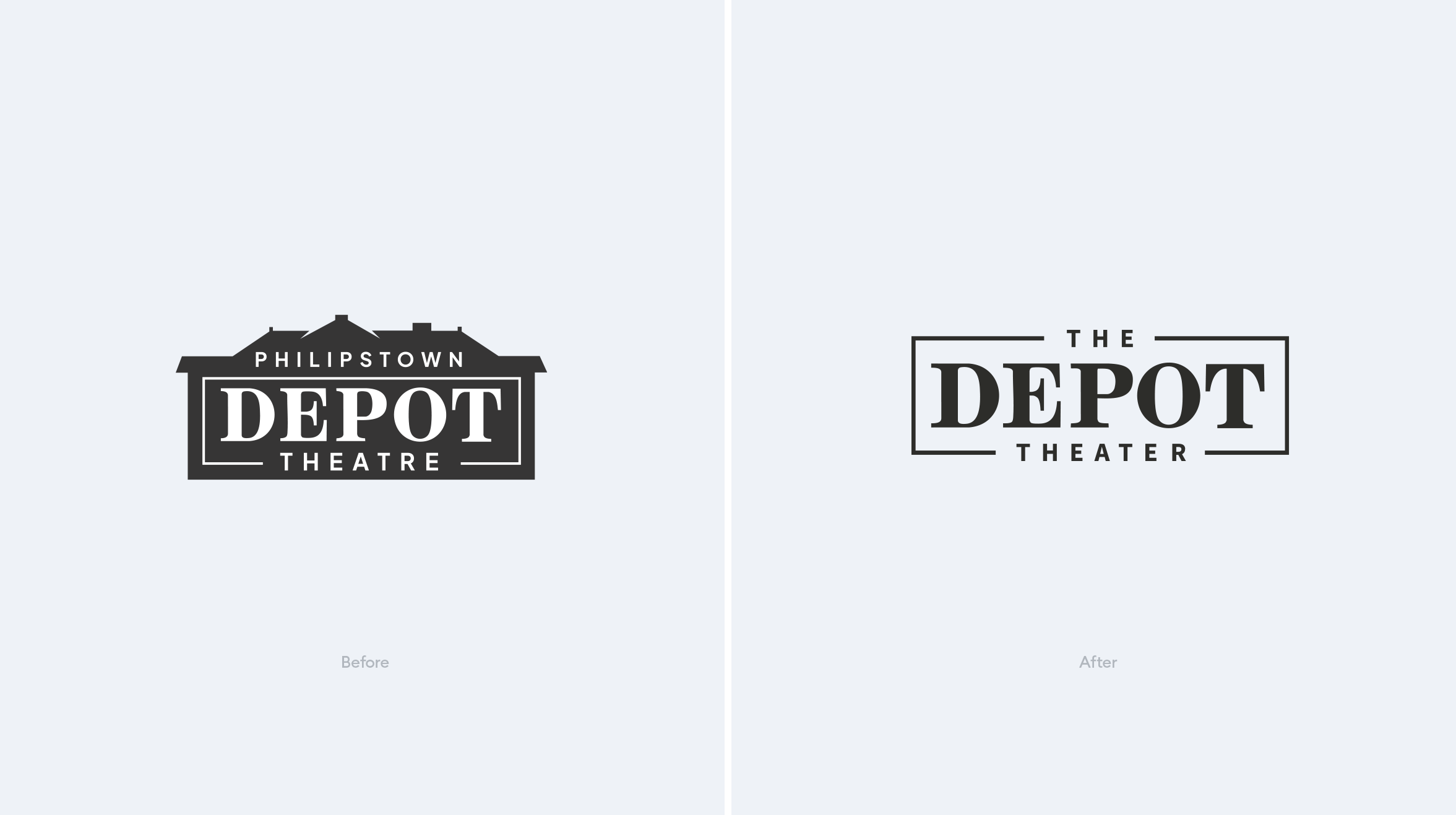 The Depot Theater - rebrand by condensed - shows the old logo which was over-complicated vs. the new one which is clean and concise focusing on the word DEPOT
