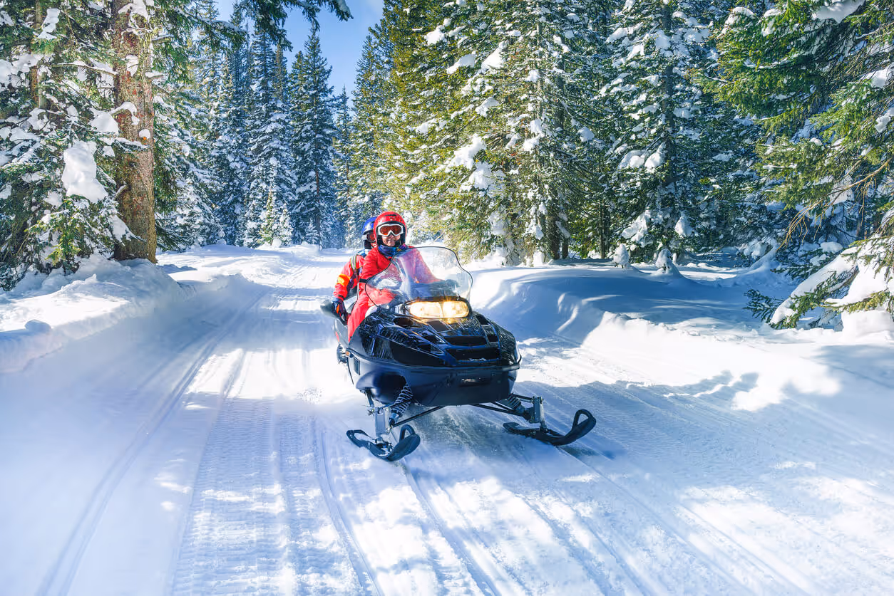 snowmobiler on trail in th woods in the winter