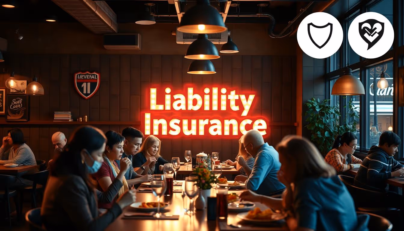 A cozy restaurant setting with a diverse group of diners enjoying their meals, featuring a prominent lit sign saying "Liability Insurance" in the background, surrounded by safety symbols like a shield and checkmarks, soft lighting, and a warm ambiance.