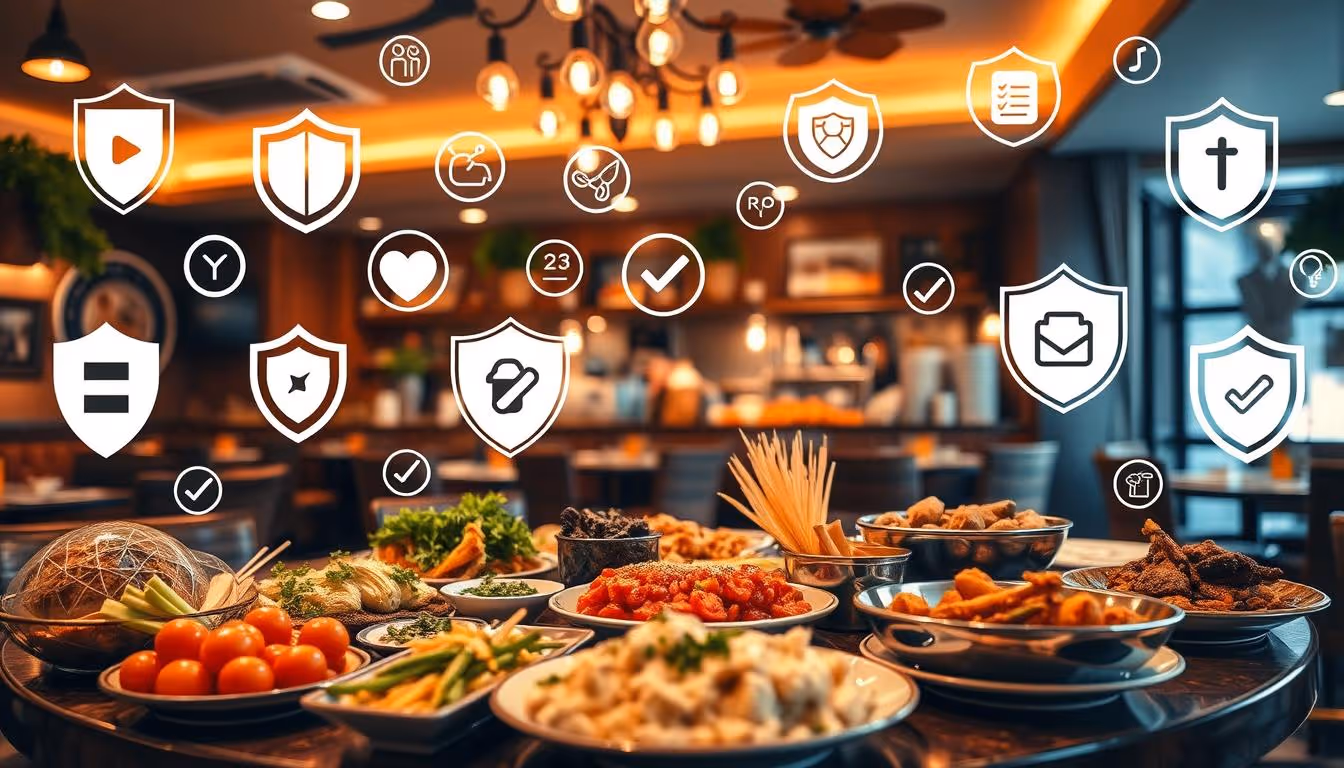 A vibrant restaurant scene featuring a diverse range of dishes on a table, with various insurance symbols subtly integrated into the background, such as shields, checkmarks, and safety icons
