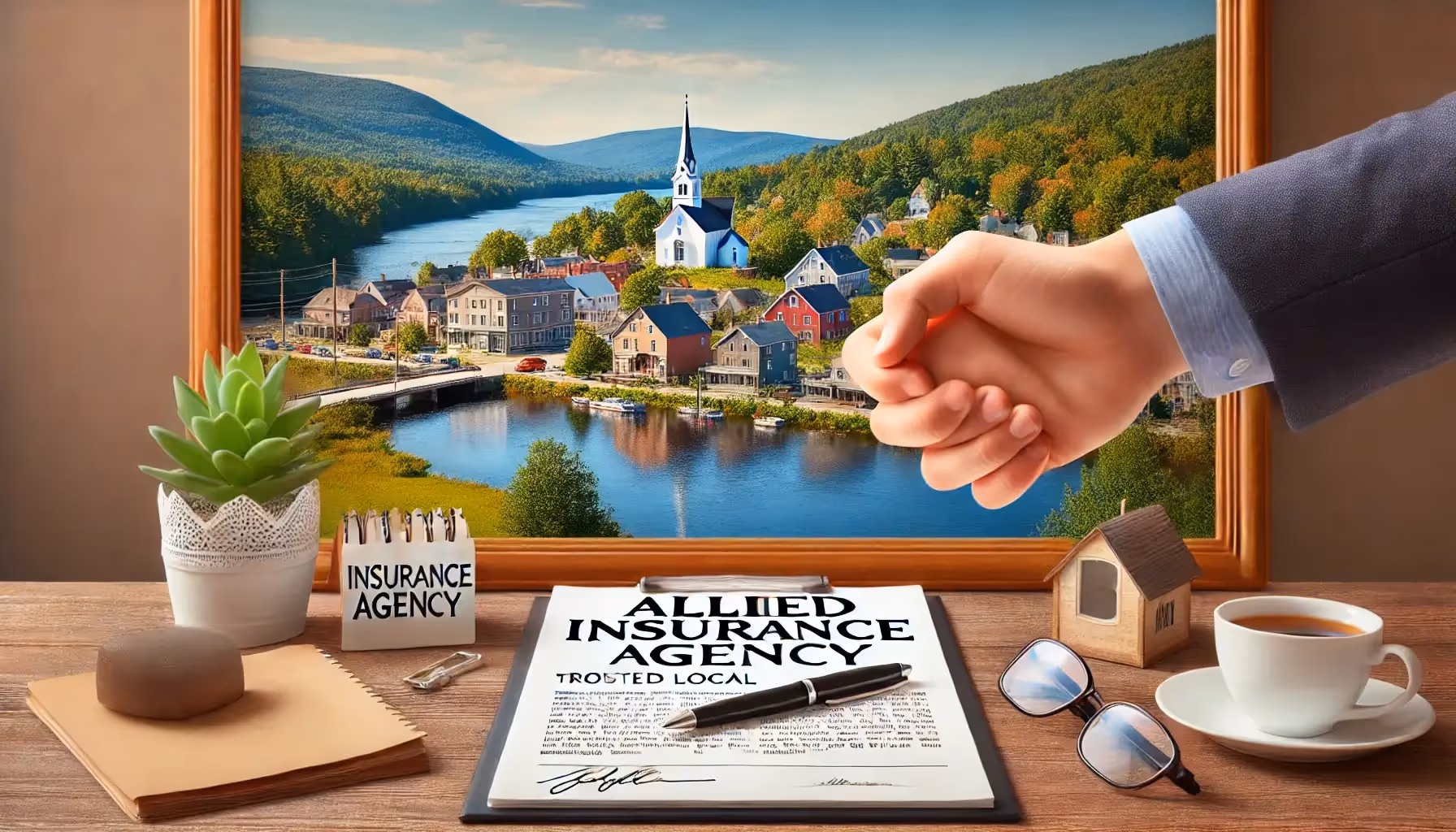 Local New Hampshire Insurance Expertise concept - desk with new hampshire town in the background near pond and mountains