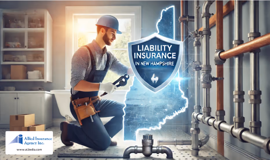 Liability Insurance for Plumbers in NH concept - plumber with tools and pipes with shield