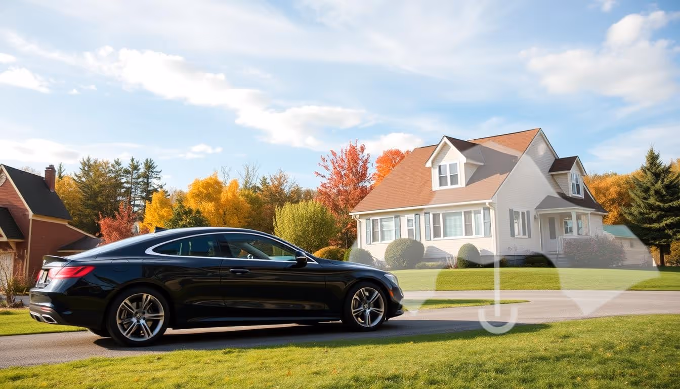 Auto Insurance concept - care in front of home with insurance shield