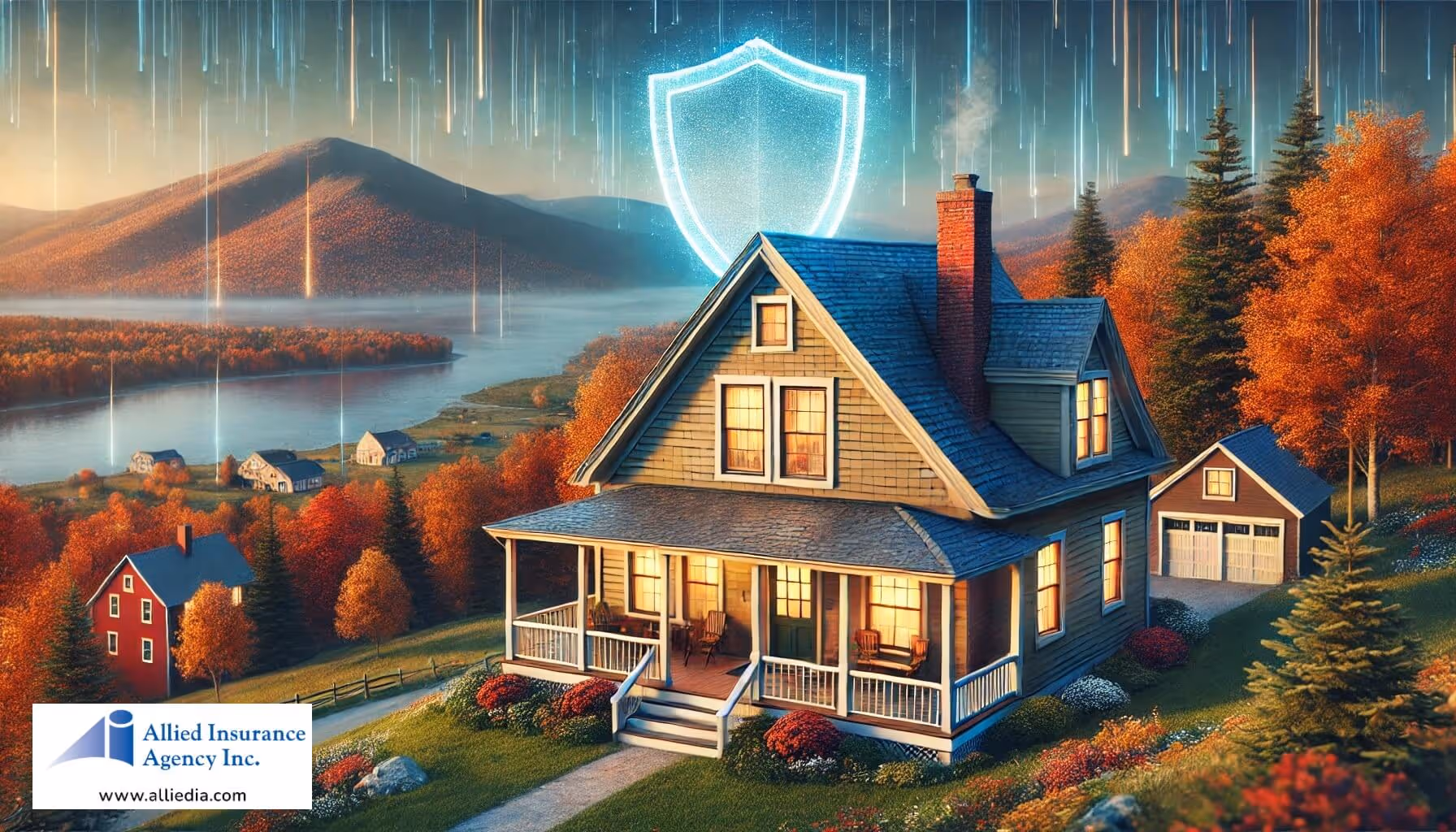 homeowners insurance cost in new hampshire concept - home in a picturesque setting, surrounded by autumn foliage and mountains in the background