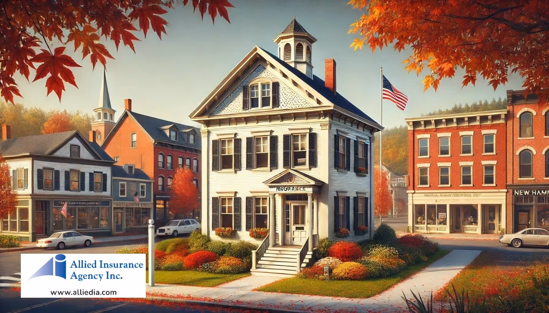 classic New England-style office building with a white facade, downtown - local new hampshire insurance agency team concept