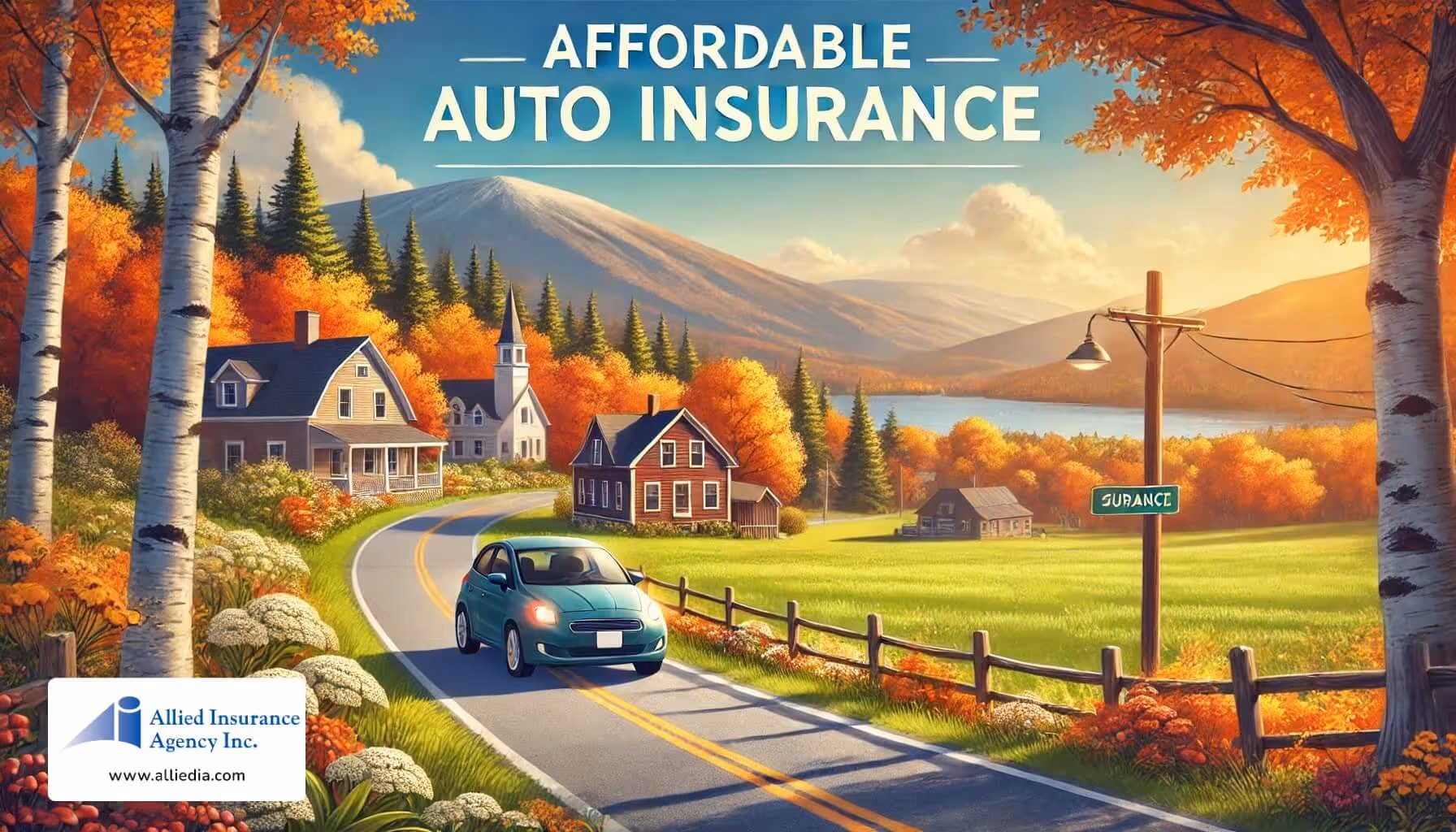 well-maintained car driving along a picturesque New Hampshire road - affordable auto insurance in NH concept