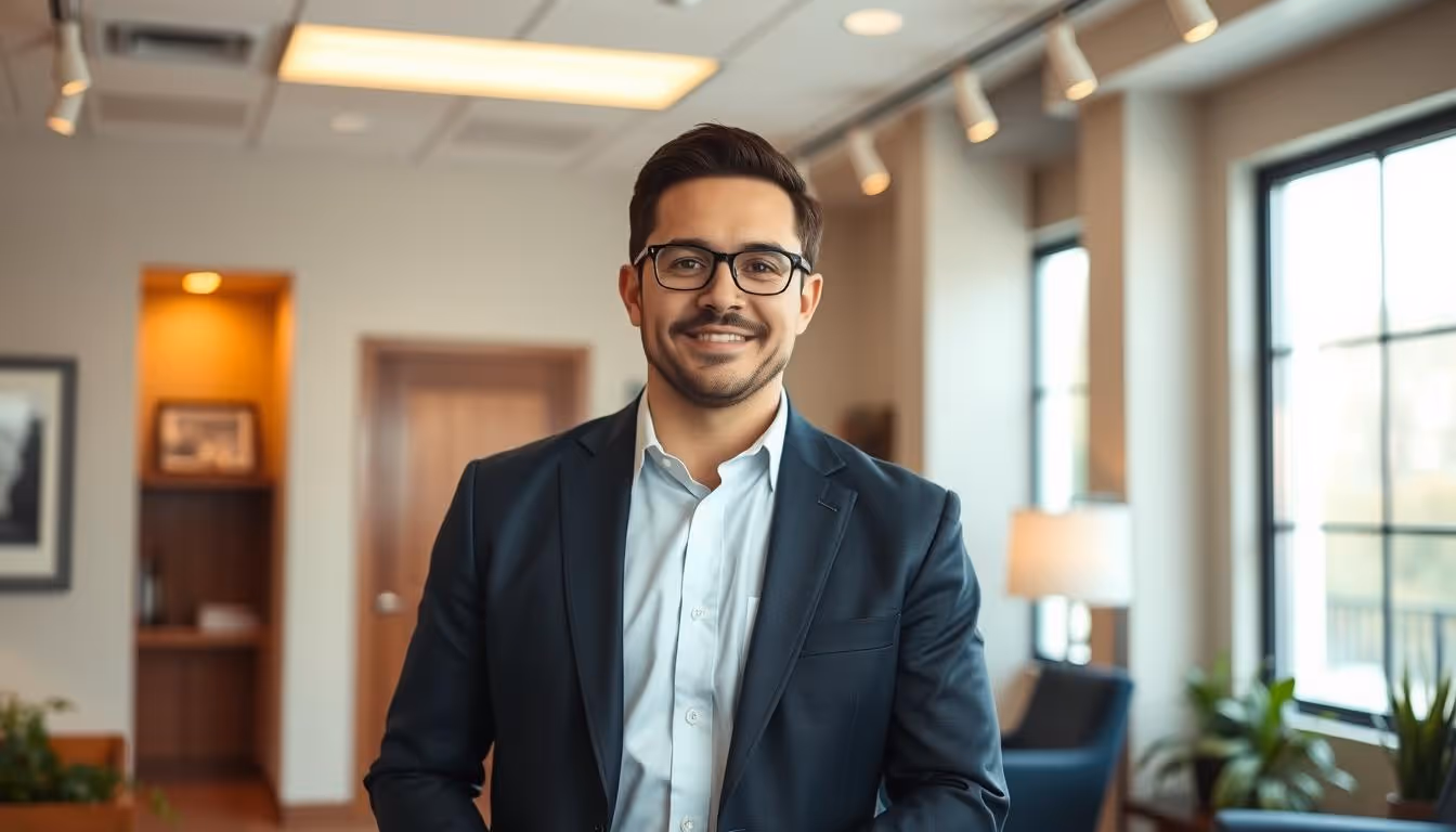 A dedicated insurance agent standing confidently in a warm, inviting office, dressed in a crisp, professional suit. - local insurance agency concept