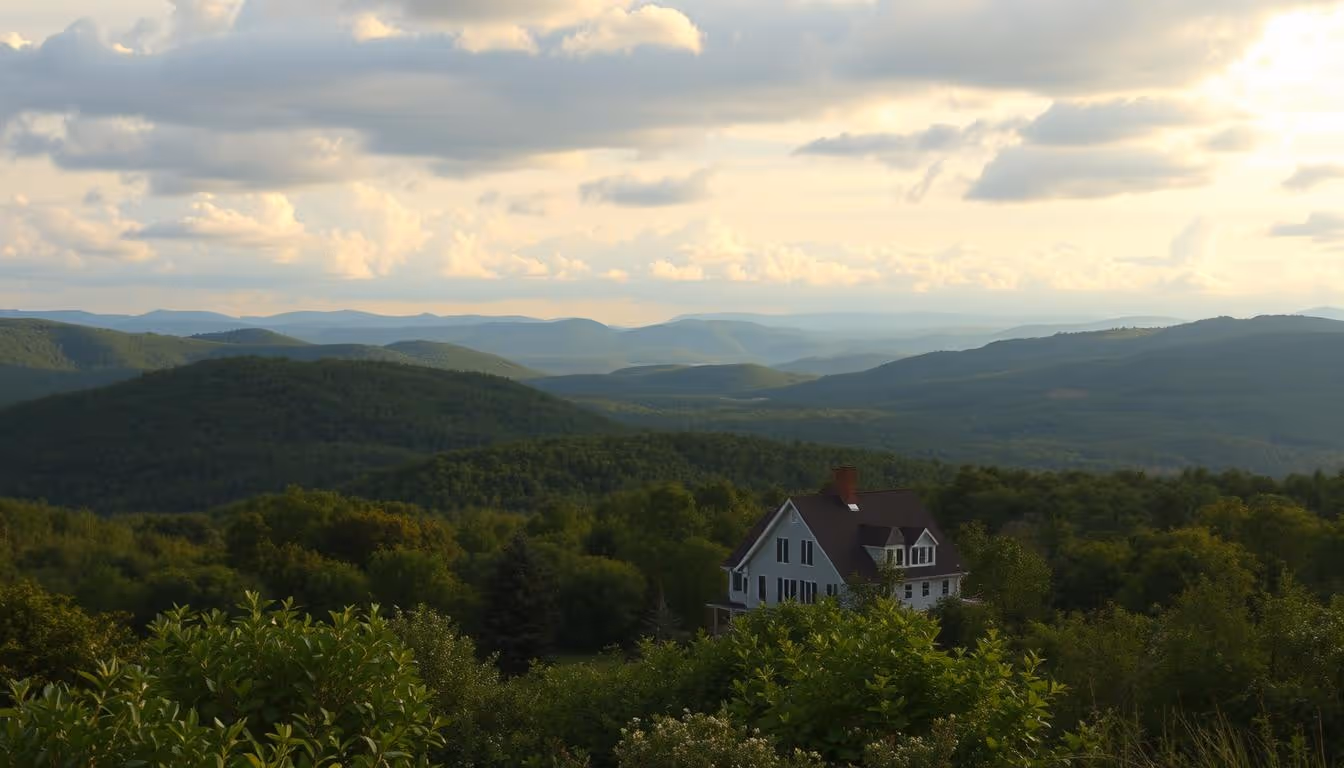 A majestic New Hampshire landscape, with rolling hills and lush greenery in the foreground. In the middle ground, a cozy New England-style house - homeowners insurance new hampshire concept