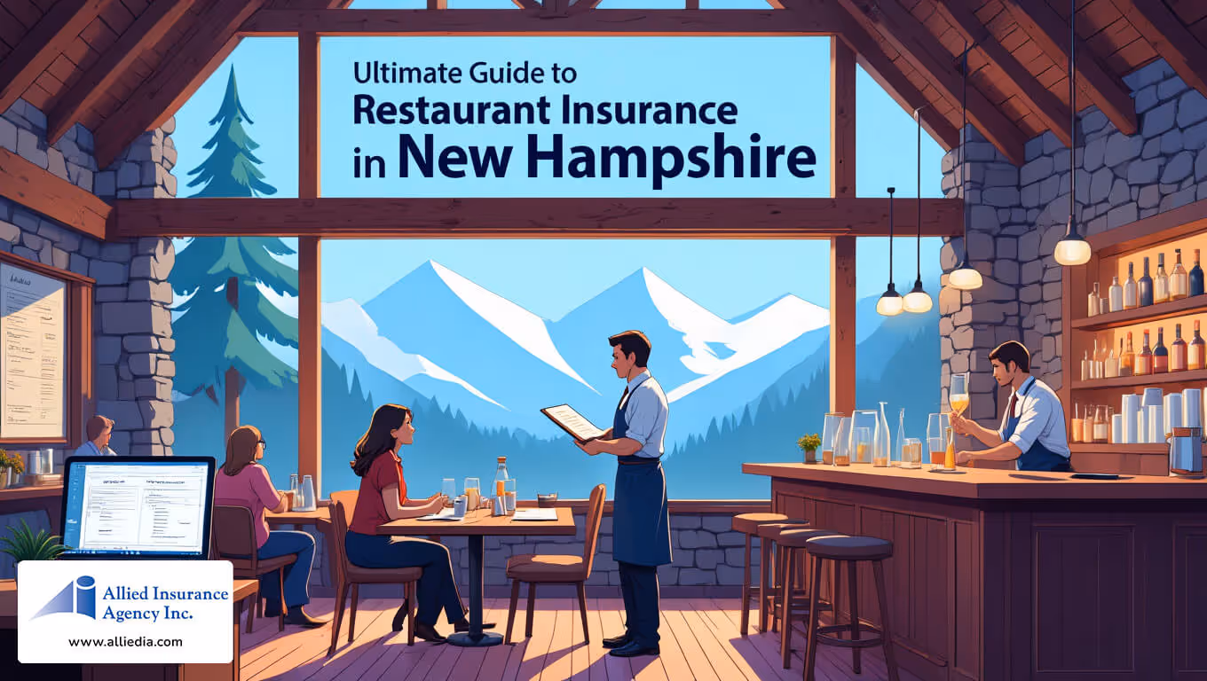 illustration depicts the interior of a bustling New Hampshire restaurant with exposed wooden beams 1 - best nh restaurant insurance coverage concept