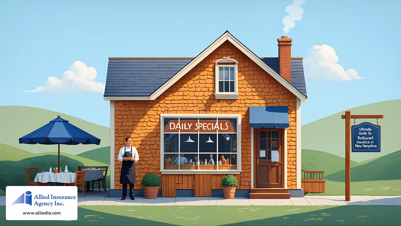 illustration depicts the interior of a bustling New Hampshire restaurant with exposed wooden beams 2 - best nh restaurant insurance coverage concept
