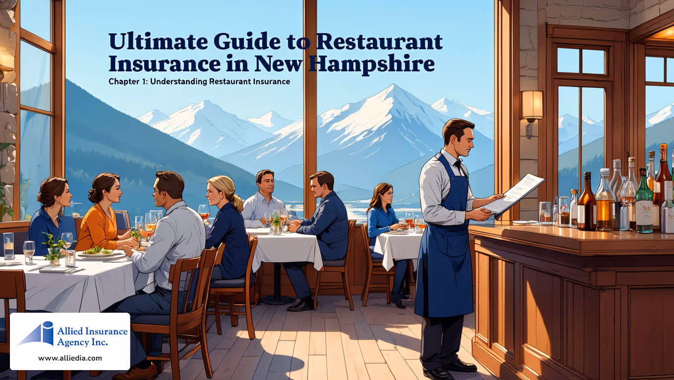 illustration depicts the interior of a bustling New Hampshire restaurant with exposed wooden beams 4 - best nh restaurant insurance coverage concept