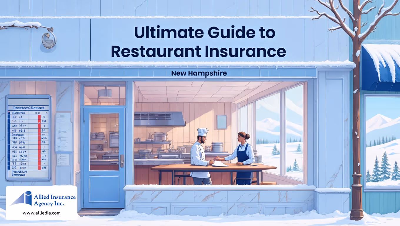 illustration depicts the interior of a bustling New Hampshire restaurant with exposed wooden beams 3 - best nh restaurant insurance coverage concept