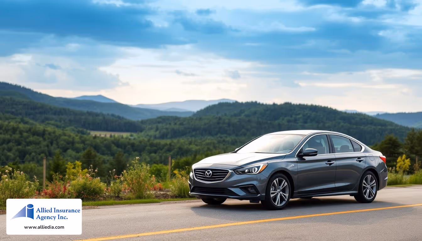 A scenic New Hampshire landscape with rolling hills and lush forests in the background. In the foreground, a modern, well-designed sedan prominently displayed - new hampshire auto insurance concept