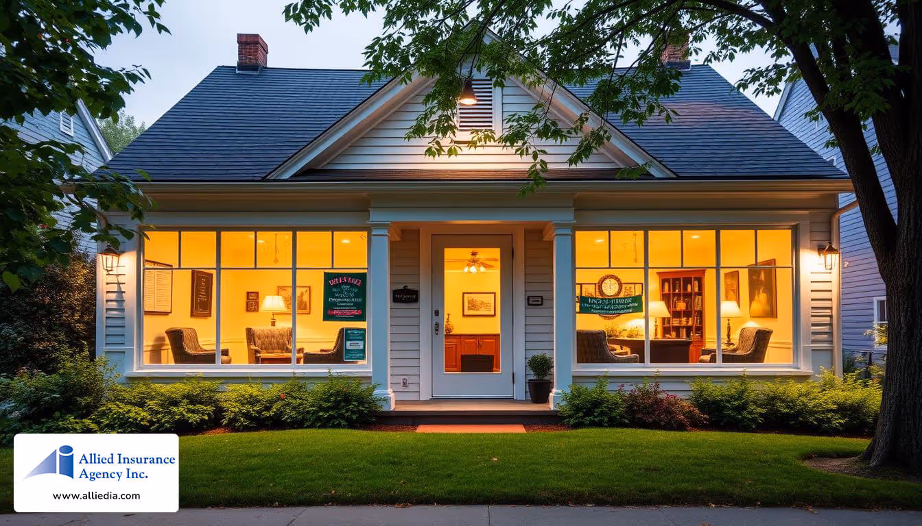 A cozy, well-lit insurance agency nestled in the heart of a quaint New Hampshire town. The facade features a classic New England architectural style, with a welcoming entrance - local nh insurance agency concept