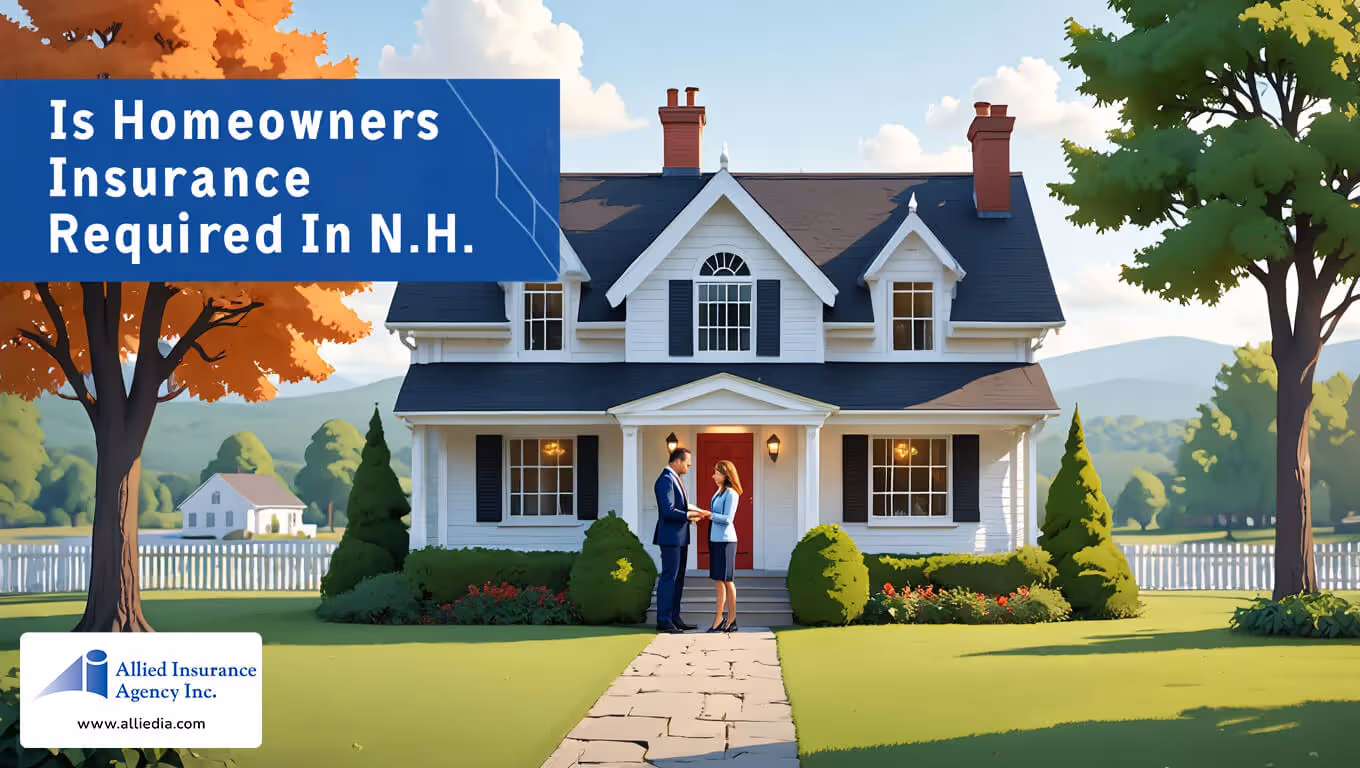 illustration of a NH residential scene depicting a meeting with an insurance agent in front of a traditional New England colonial-style house 3 - nh homeowners insurance concept