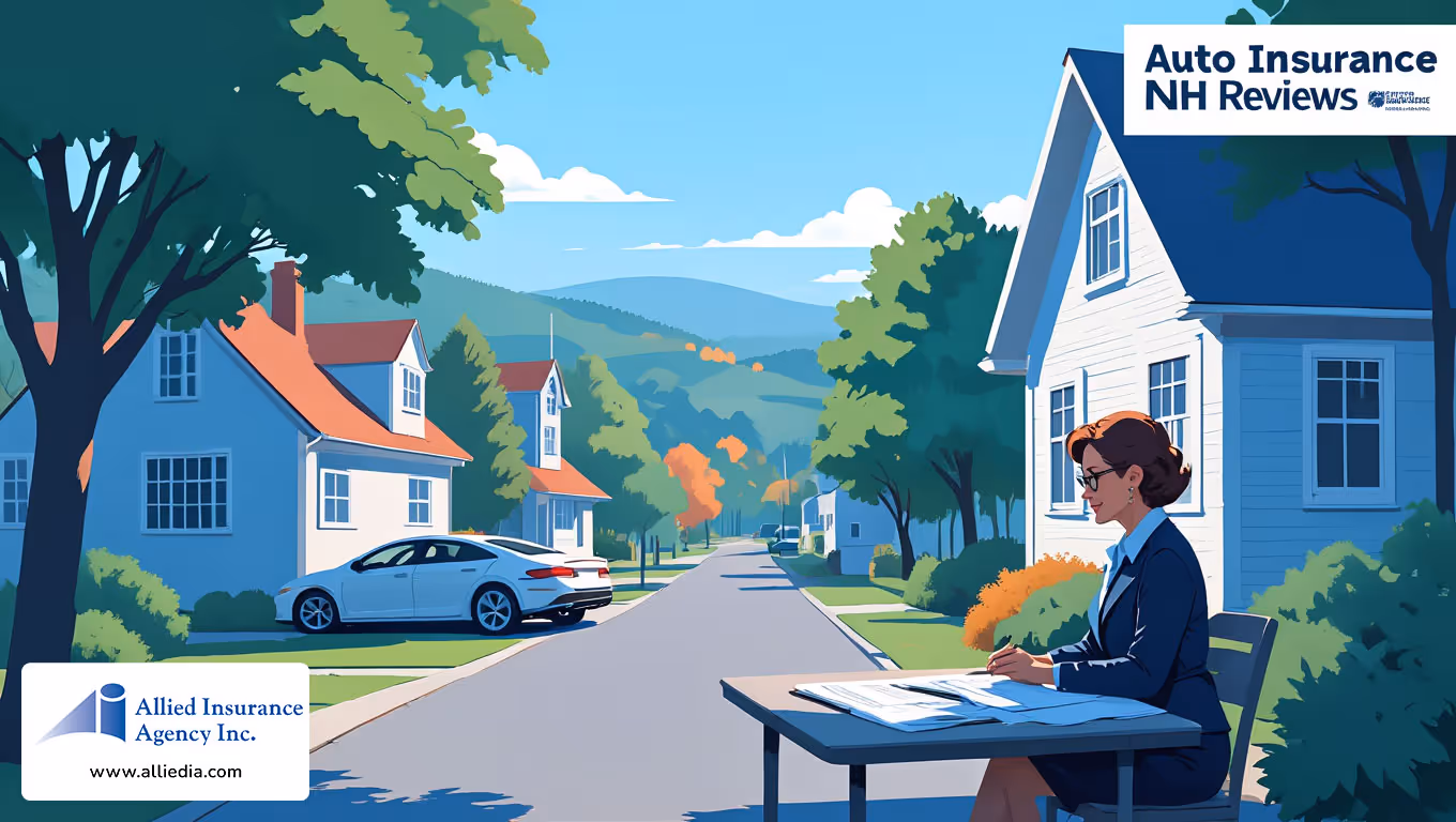 illustration of insurance agent at a table on nh street - expert NH auto insurance reviews concept