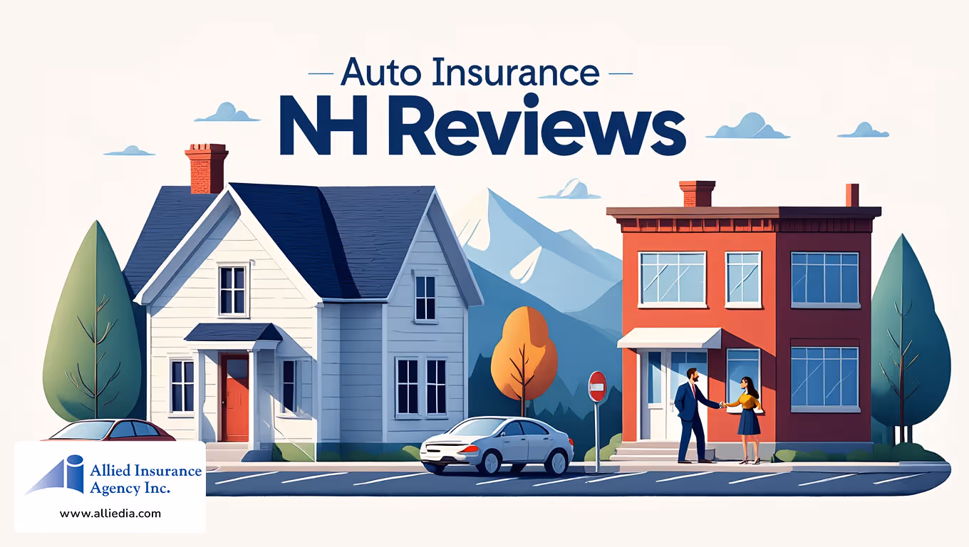 illustration of person walking into insurance agency office in front of car on nh street - expert NH auto insurance reviews concept