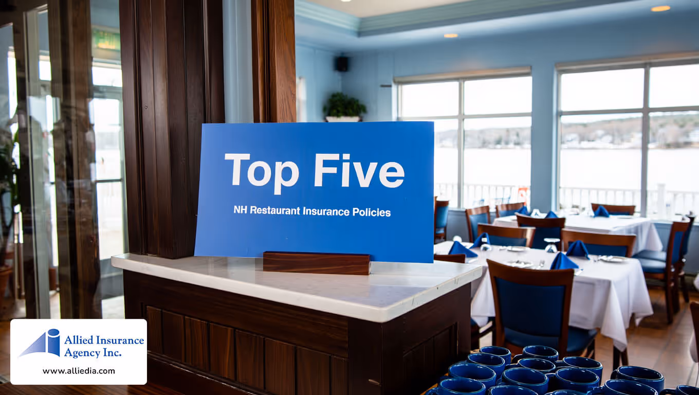 modern restaurant interior scene with a hostess stand in the foreground featuring a blue sign displaying "Top Five NH Restaurant Insurance Policies"- top five nh restaurant insurance policies concept