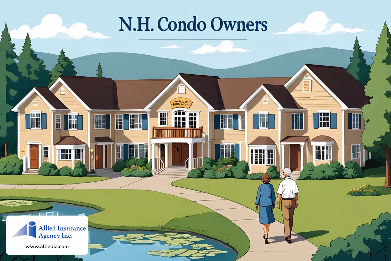 illustration of a multi-unit condominium complex nestled in a New Hampshire landscape features three-story beige buildings - What New Hampshire Condo Owners Need to Know About Home Insurance concept