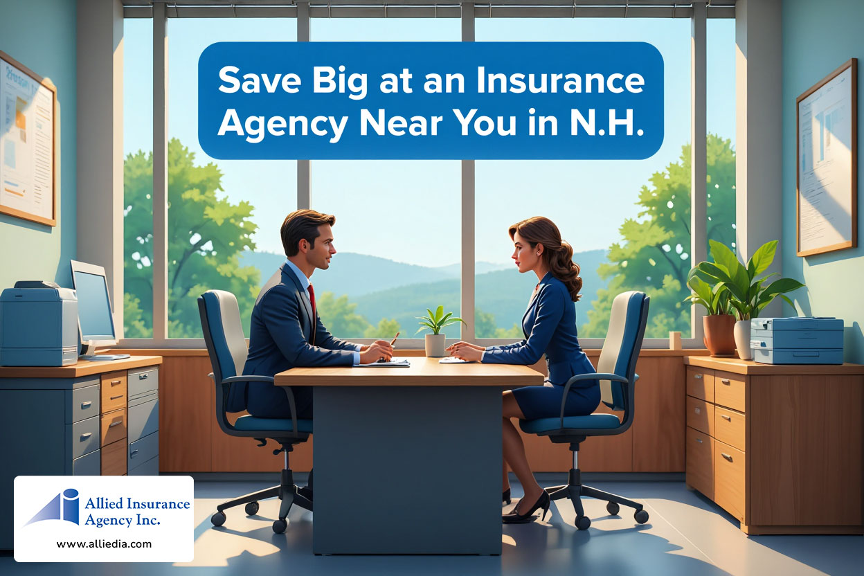 illustration of a modern insurance office located in New Hampshire shows two insurance agents in business attire meeting - save big at NH local insurance agency near you concept