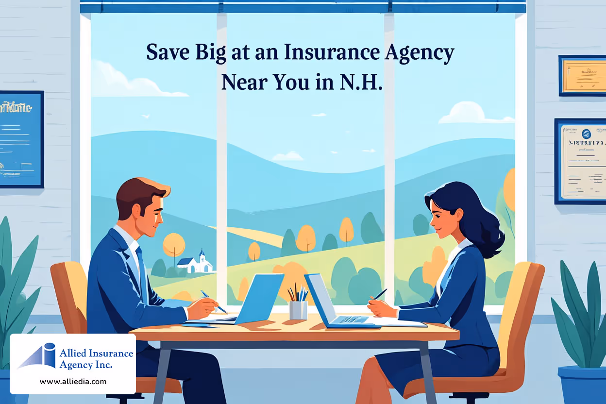 illustration shows two insurance agents seated at a wooden desk in a modern office setting with large windows- save big at NH local insurance agency near you concept