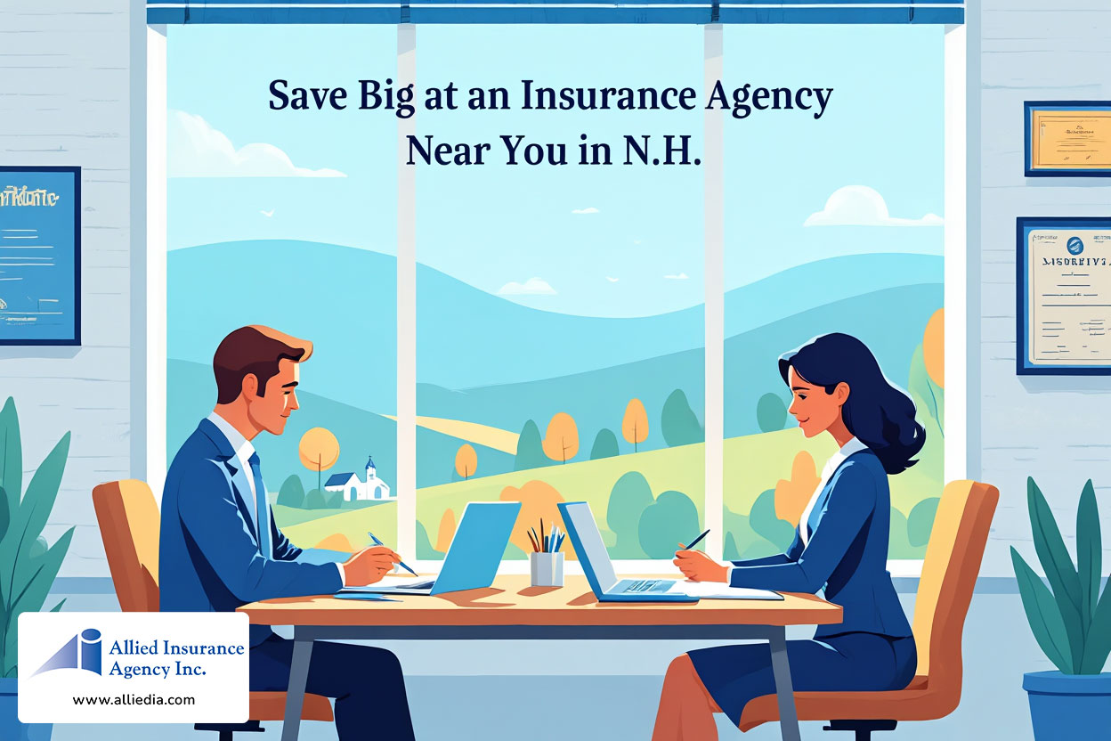 illustration shows two insurance agents seated at a wooden desk in a modern office setting with large windows- save big at NH local insurance agency near you concept