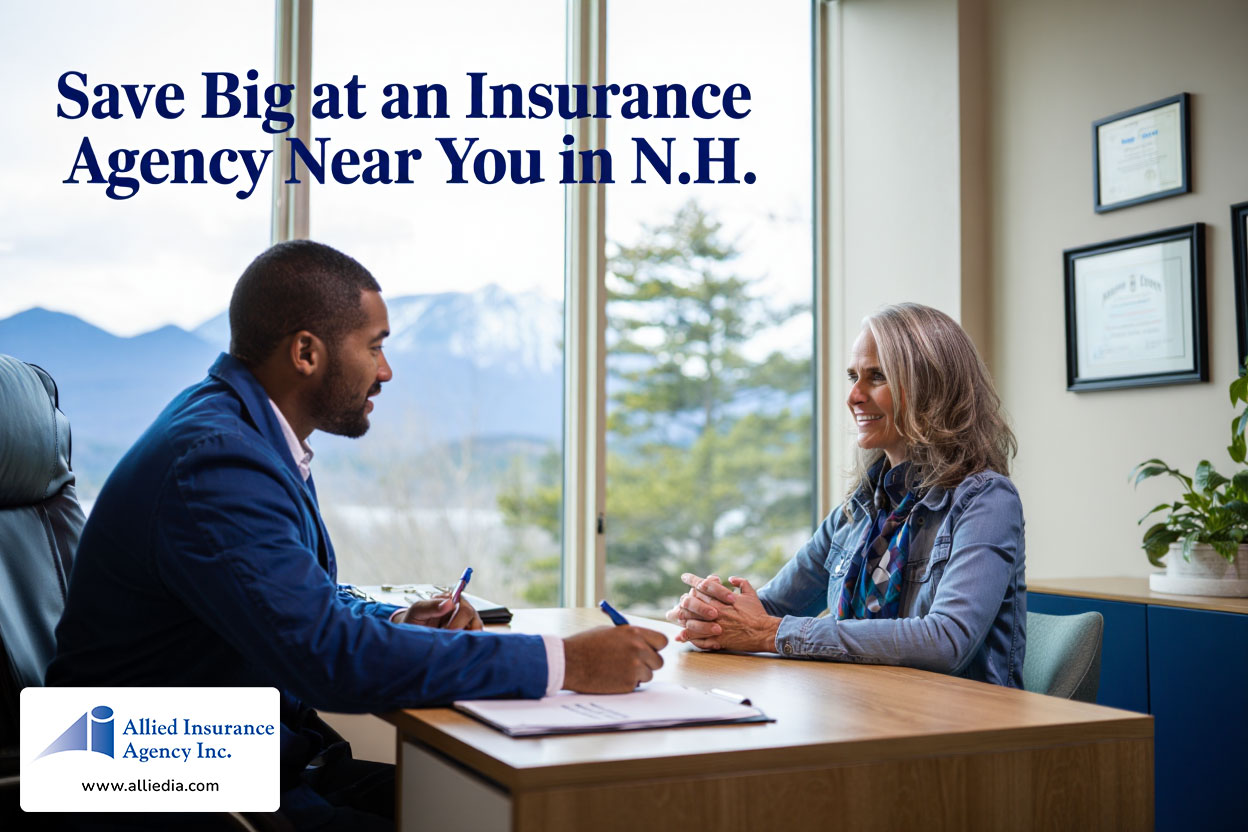 insurance agency advertisement features a photograph of a professional insurance agent - save big at NH local insurance agency near you concept