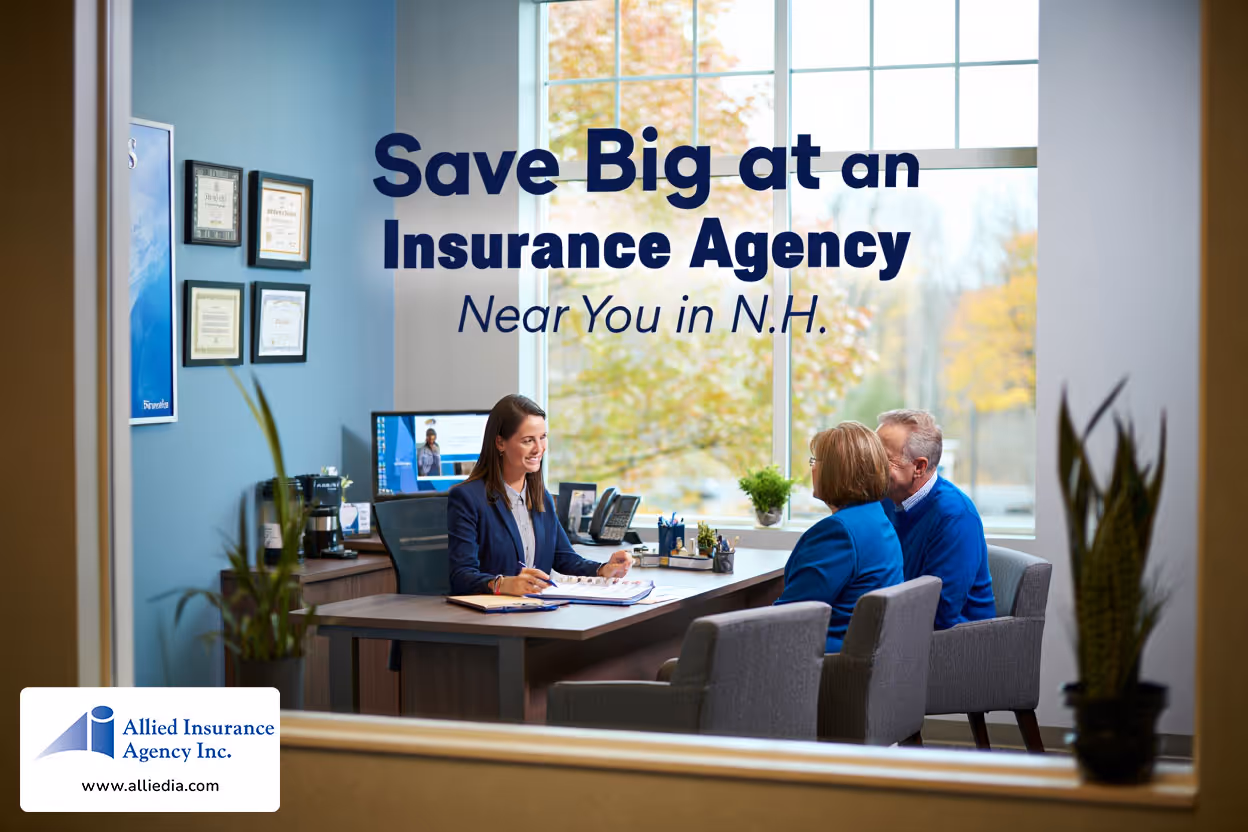 insurance agency office interior features a large window with a view of New Hampshire's autumn trees - save big at NH local insurance agency near you concept