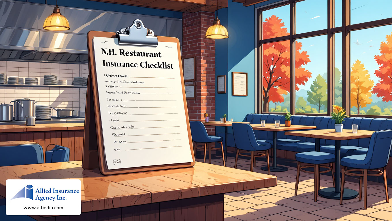 illustration of a modern restaurant interior with wood-textured tables and blue upholstered chairs- best nh restaurant insurance concept