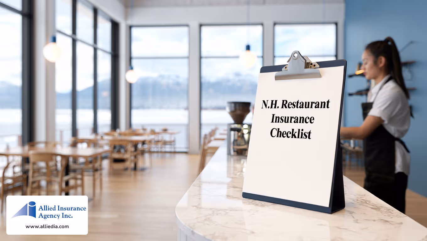 restaurant interior scene with a white marble counter featuring a clipboard displaying text reading "N.H. Restaurant Insurance Checklist - best nh restaurant insurance concept