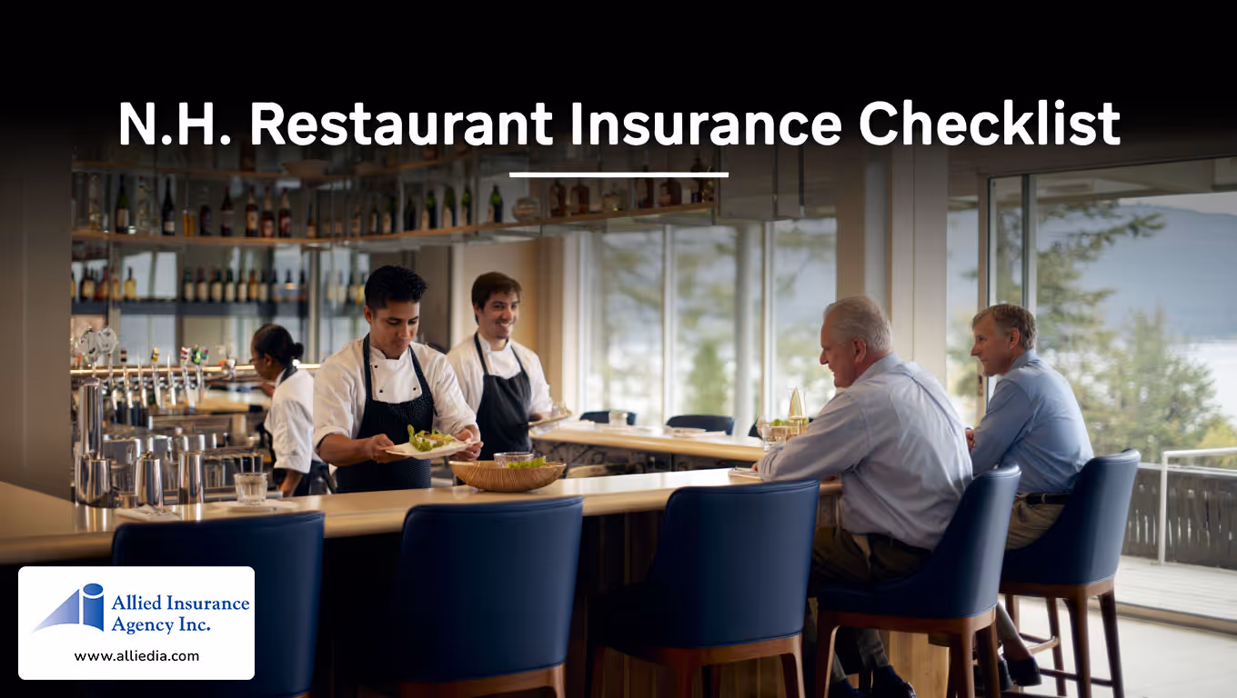 restaurant interior scene with a large wooden bar counter extending across the image width - best nh restaurant insurance concept