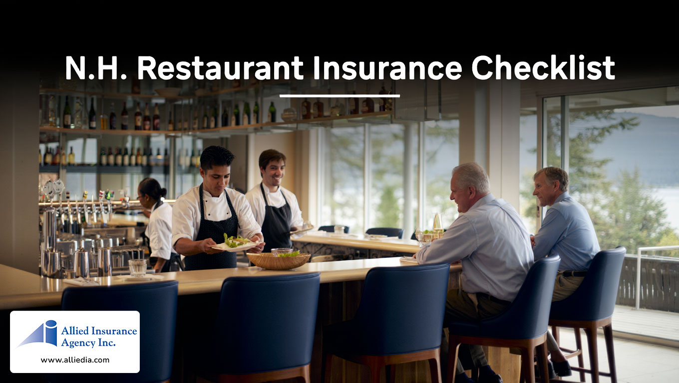 restaurant interior scene with a large wooden bar counter extending across the image width -  best nh restaurant insurance concept