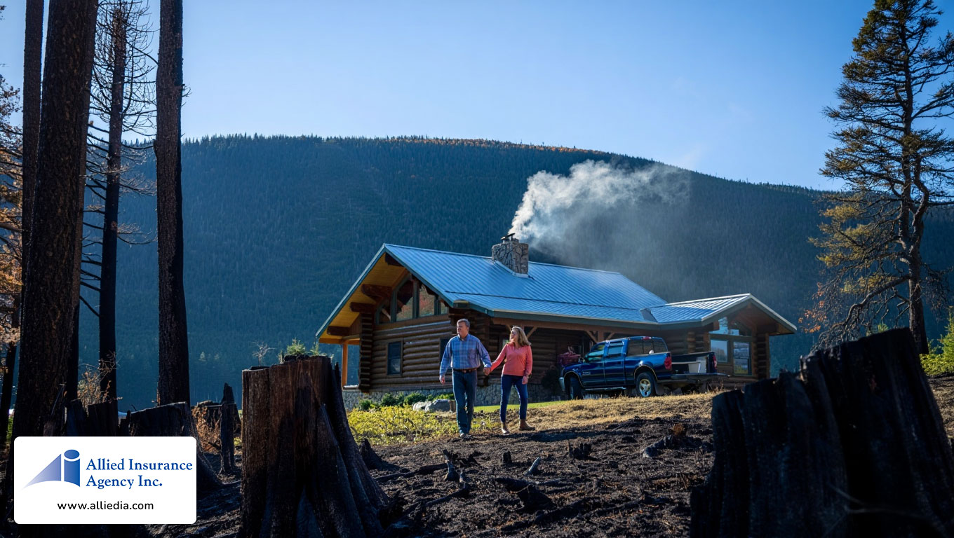 rustic log cabin nestled against a forested mountainside in New Hampshire- best nh homeowners insurance concept