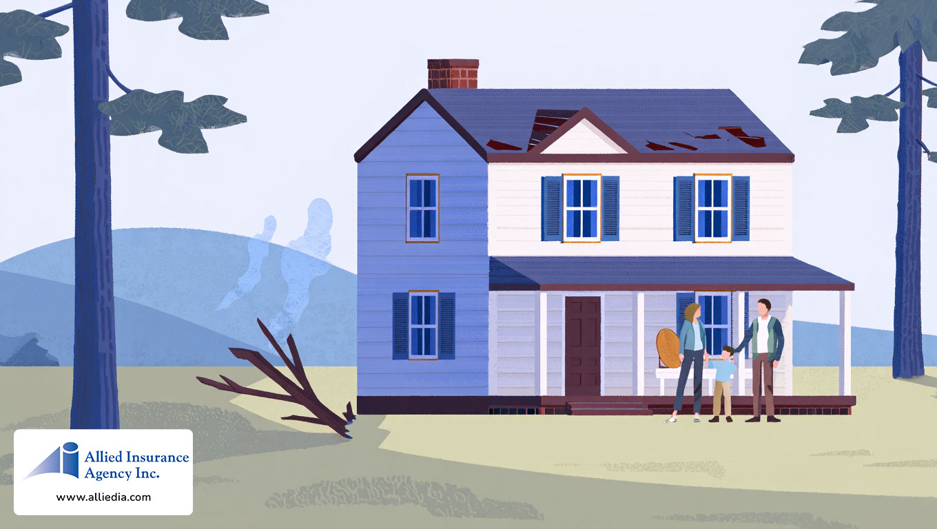 two-story white farmhouse with blue shutters sits in a New Hampshire valley -  best nh homeowners insurance concept