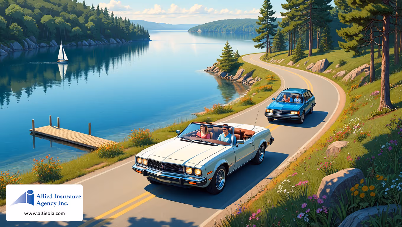 New Hampshire lakeside road where responsible drivers enjoy a leisurely journey along the shoreline - nh drivers saving on auto insurance concept