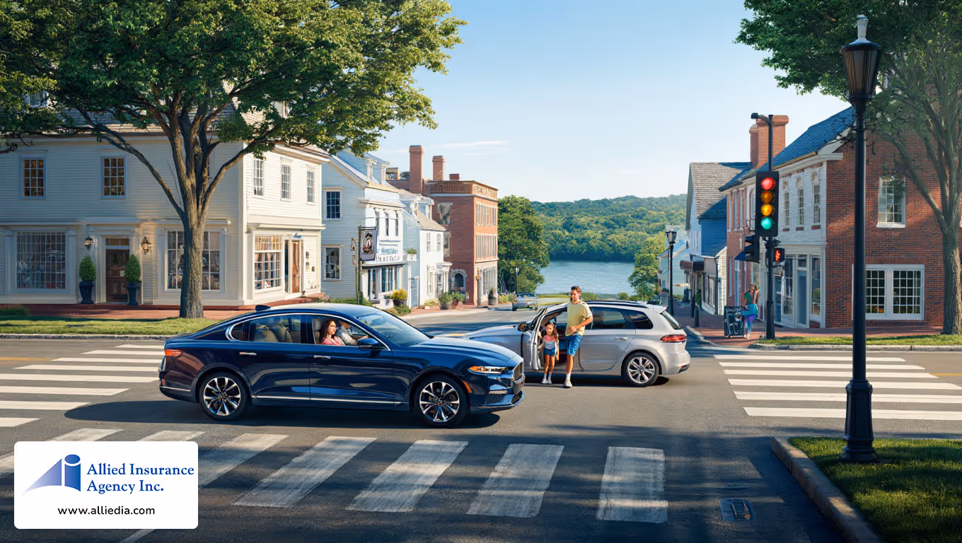 New Hampshire drivers commuting through a charming small town main street lined with colonial-style buildings- nh drivers saving on auto insurance concept